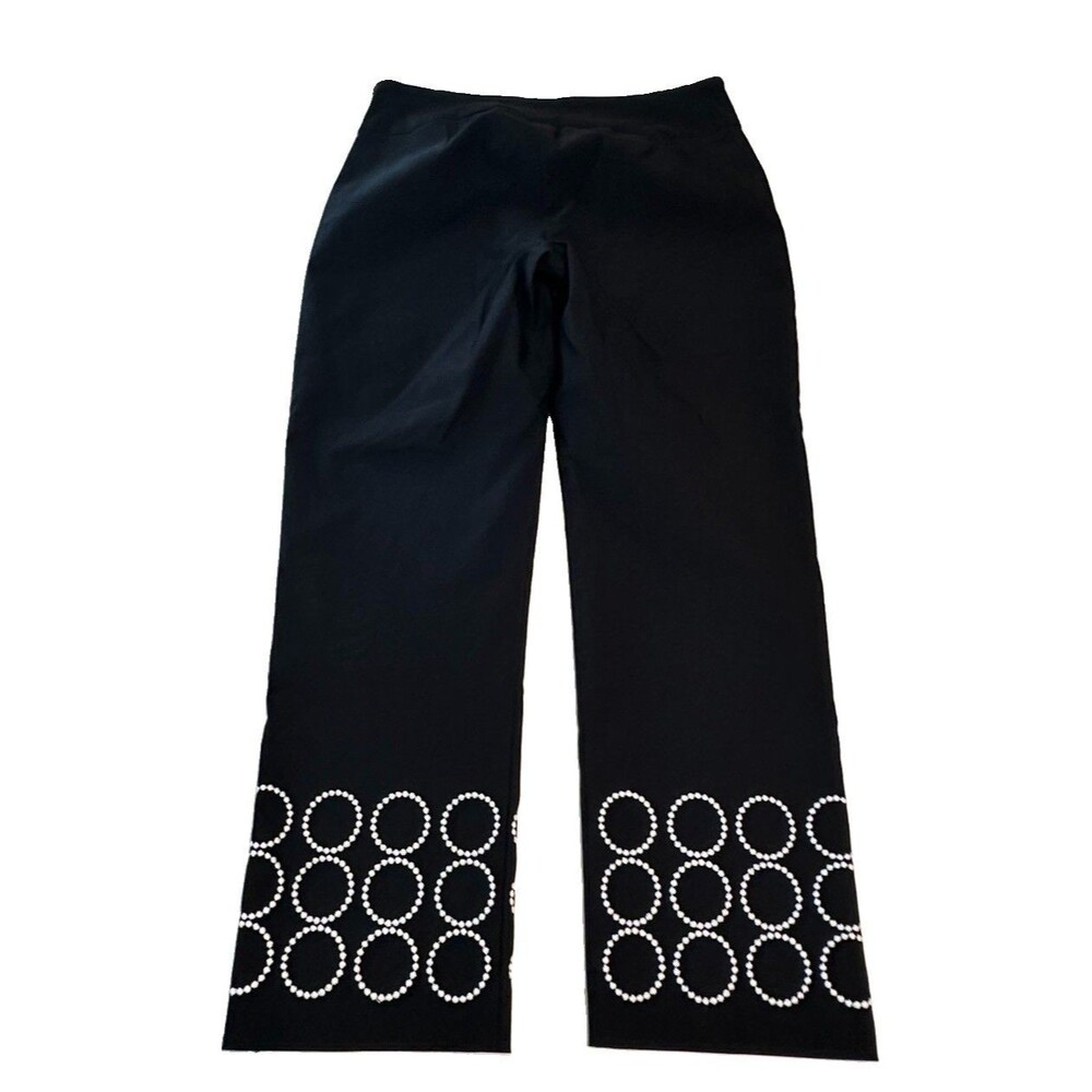 Attyre Woman 8 X 24 ” L Stretch  Pull On Pants Flower Circle Embroidered Black